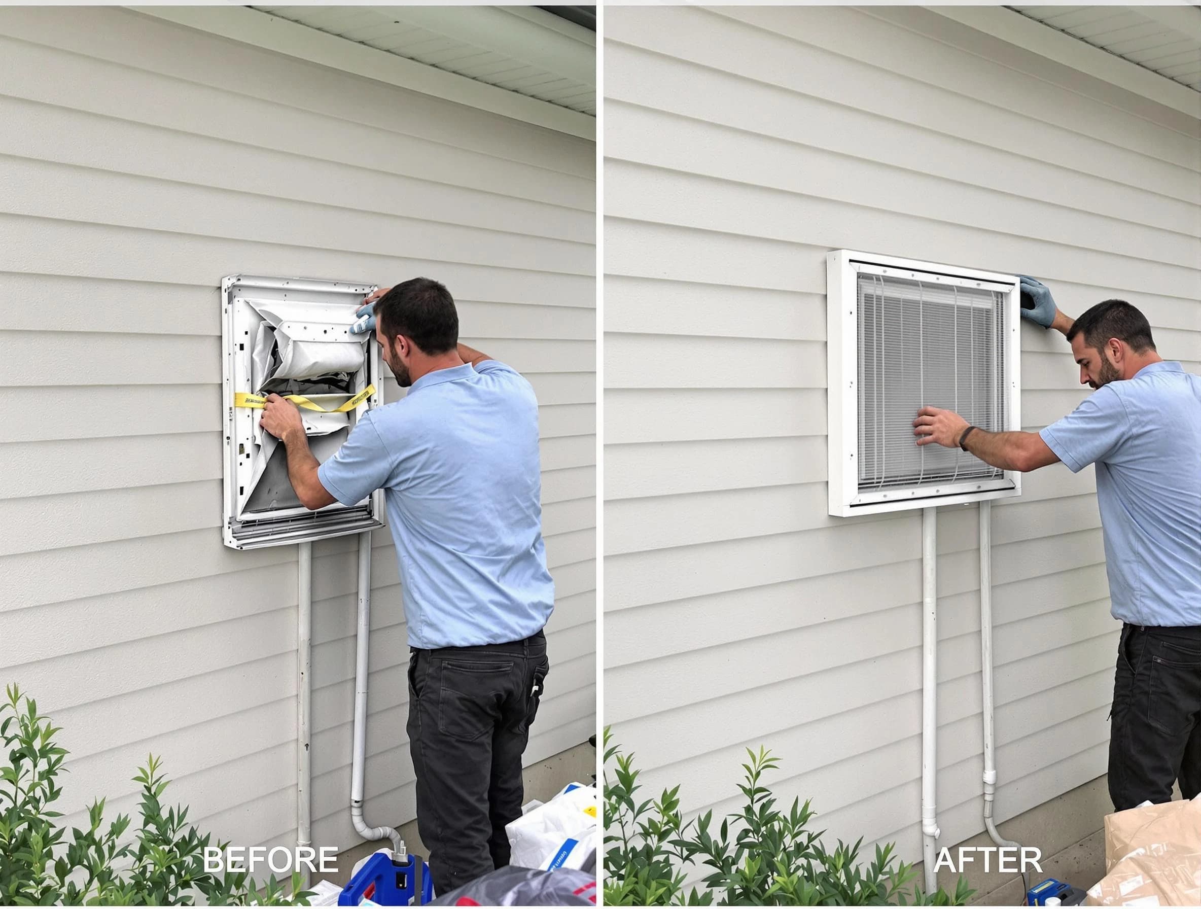 Spotsylvania Courthouse Dryer Vent Cleaning technician installing high-quality dryer vent cover at a residential property in Spotsylvania Courthouse