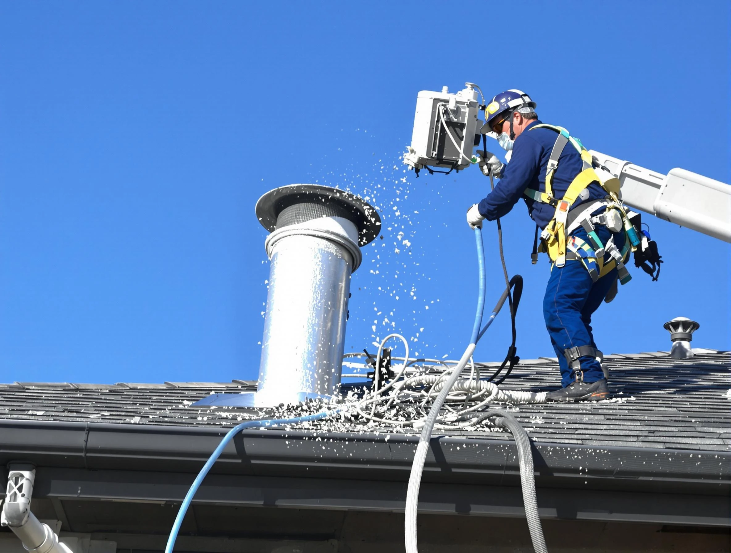 Spotsylvania Courthouse Dryer Vent Cleaning certified technician safely cleaning a roof-mounted dryer vent in Spotsylvania Courthouse